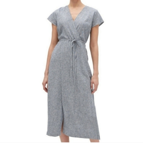 Banana Republic linen viscose blue white stripe faux wrap cap sleeve maxi sz6 - Picture 6 of 15